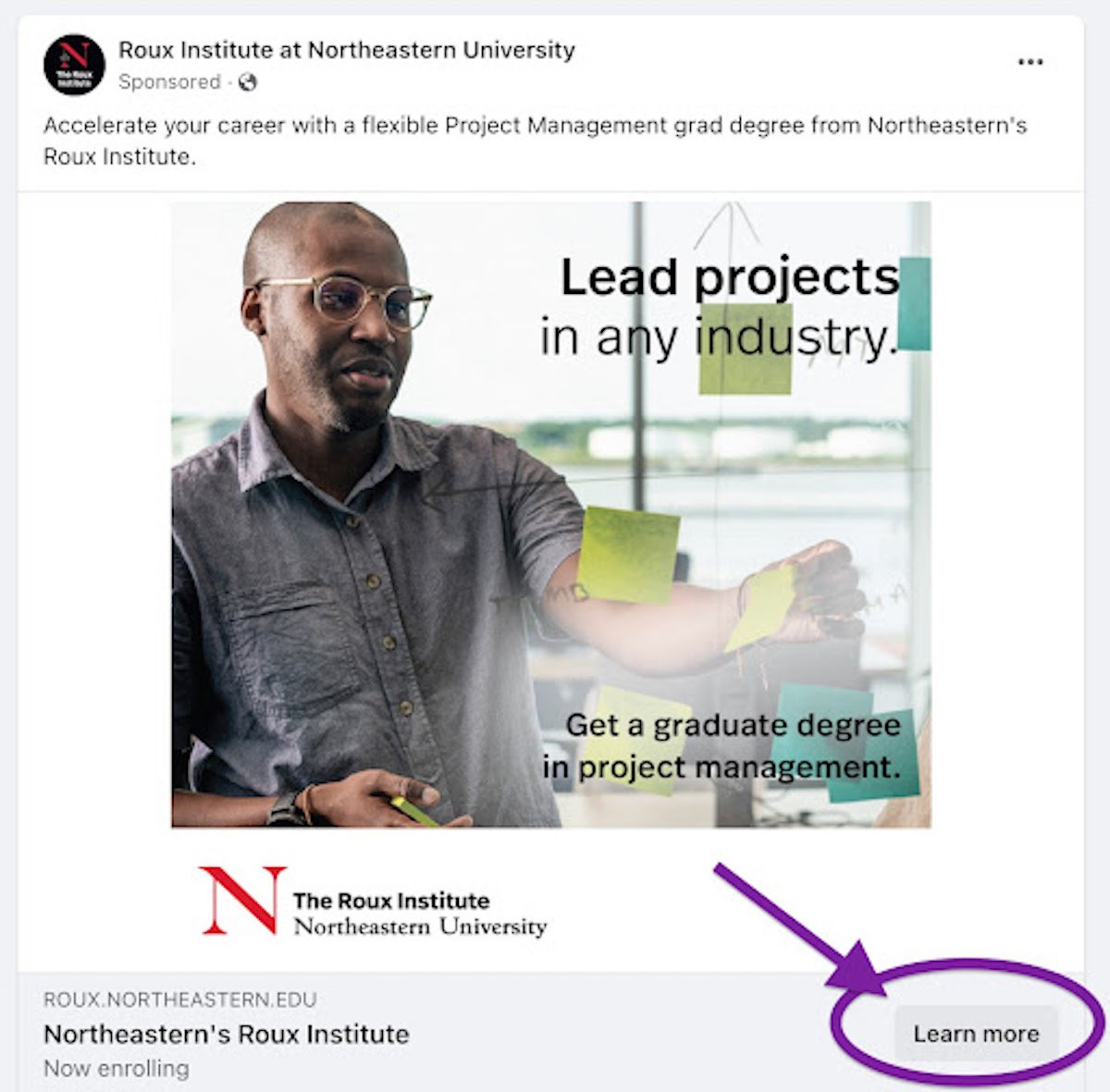 Learn more call-to-action from a Northeastern University Facebook ad