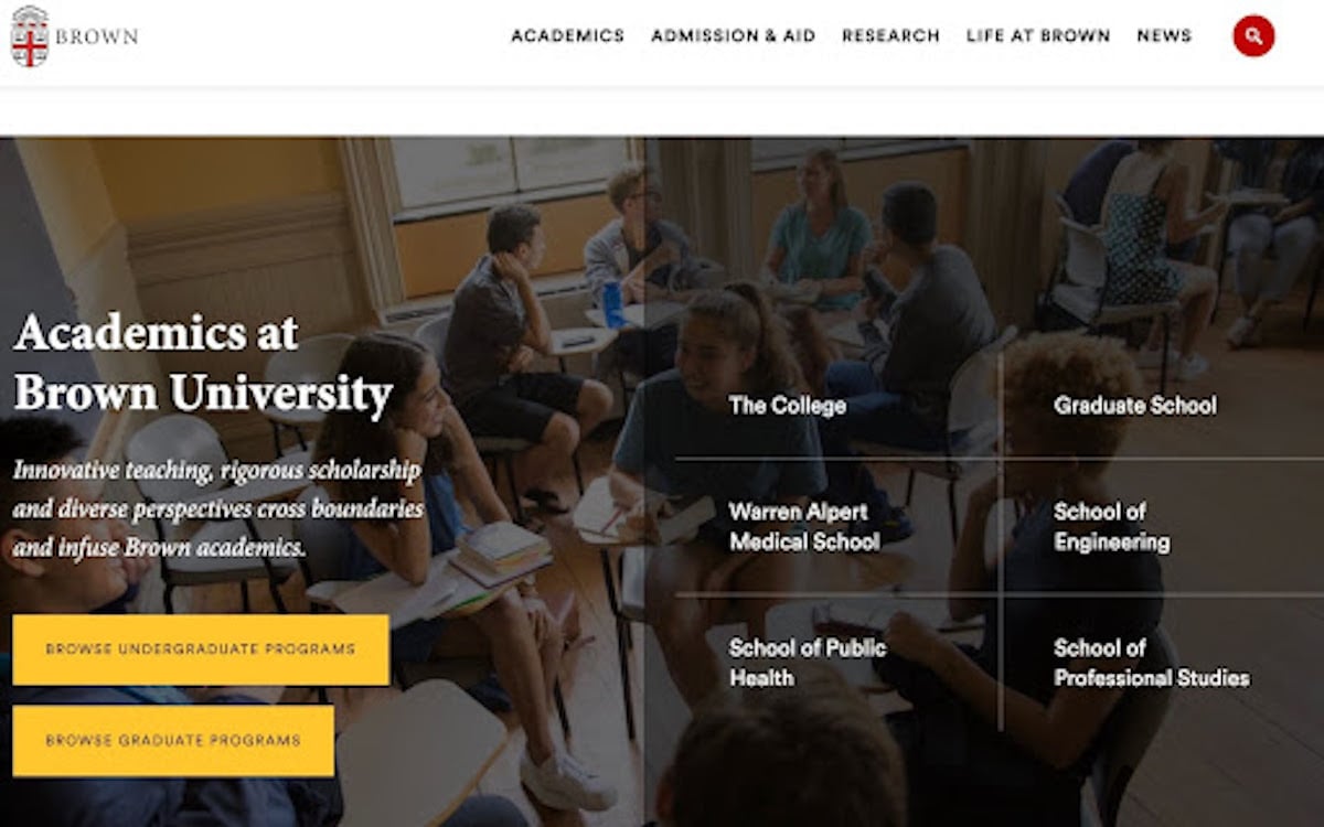 Brown University home page call-to-action examples “Browse graduate programs”