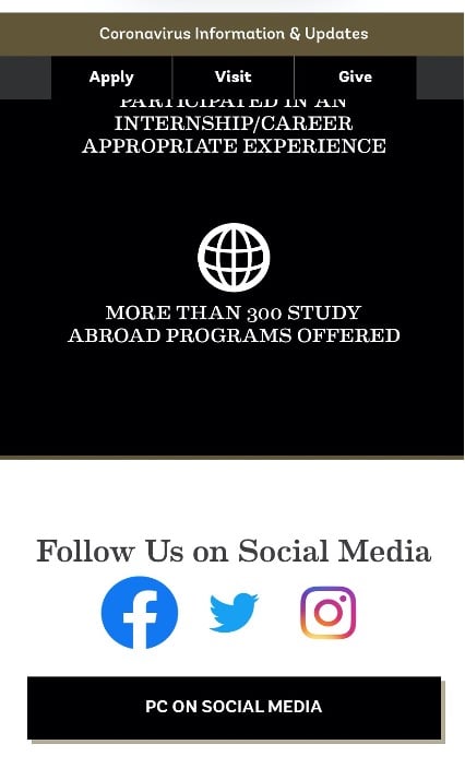 mobile version of Providence College site with social media links